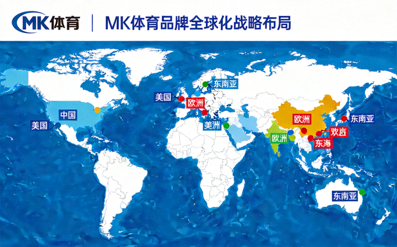 MK体育品牌全球化战略布局展示，世界地图上标注多个国家和地区